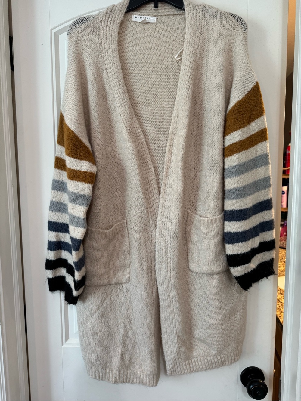 DownEast Cream Open-Front Cardigan with Multi-Stripe Sleeves
